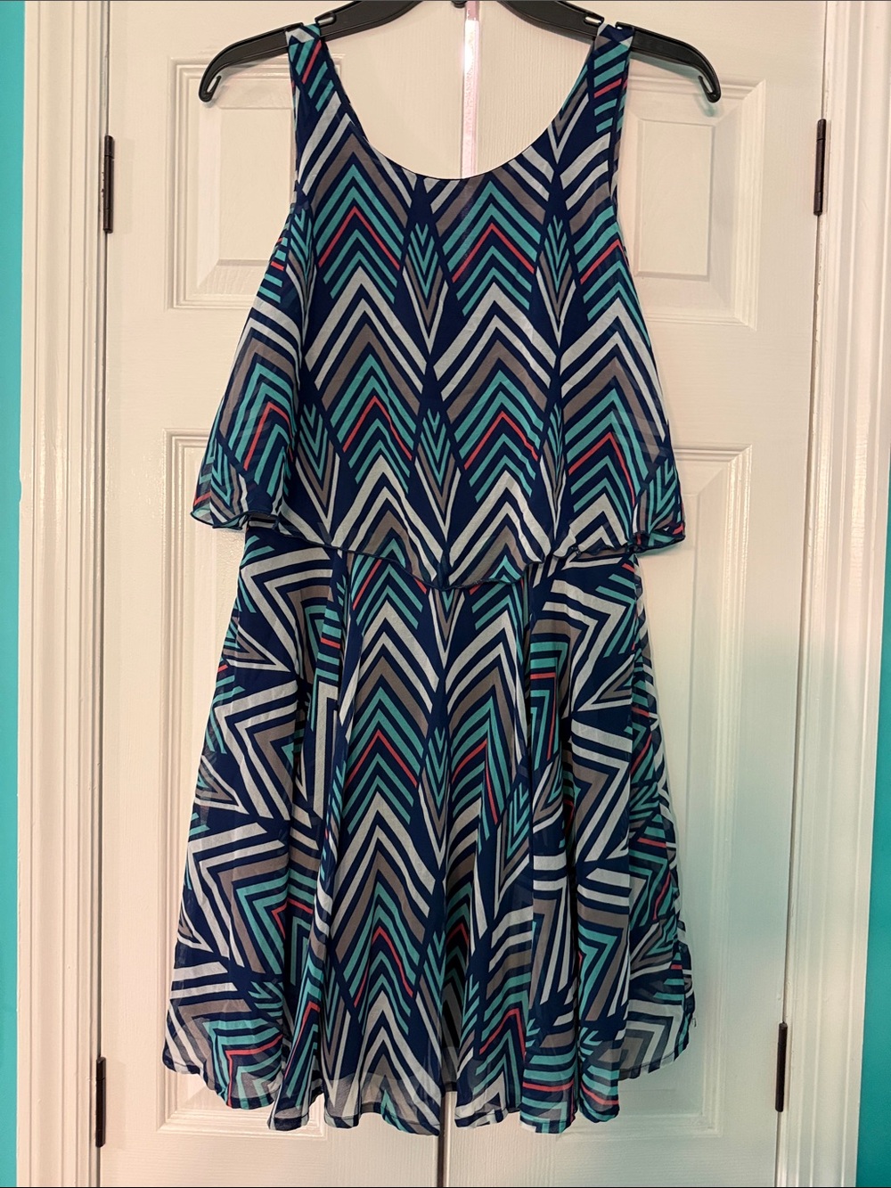 Sequin Hearts Navy, Teal & White Geo Chevron Swing Dress